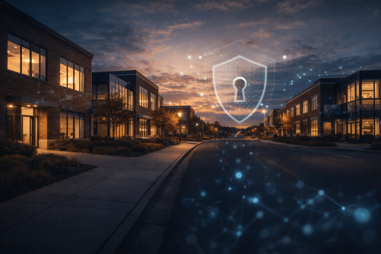 Midwestern suburban business district with digital shield illustrating IT security trends 2026 for Illinois and Fox Valley SMBs