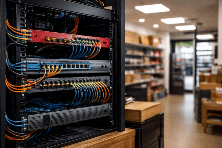 Small business network rack showing segmentation for PCI DSS 4 checklist for small business