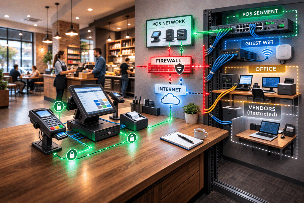 POS system and network segmentation diagram illustrating PCI DSS 4 checklist for small business payment environments