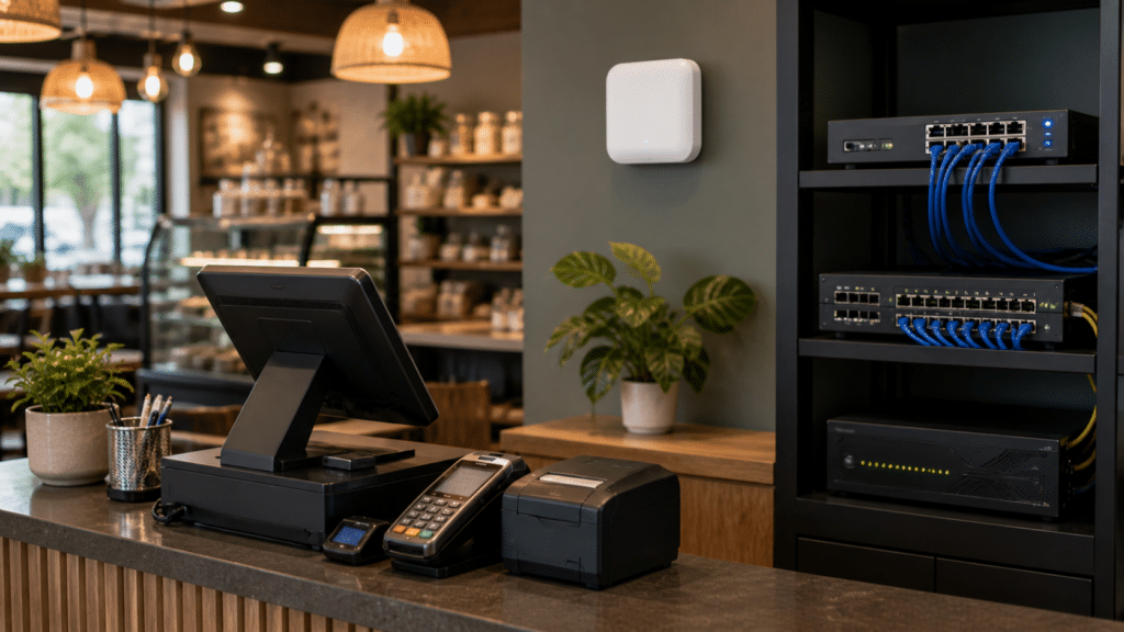 Cafe network setup illustrating pos network segmentation for small business with guest Wi-Fi separation