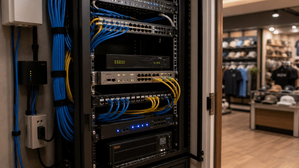Segmented network rack showing pos network segmentation for small business payment systems